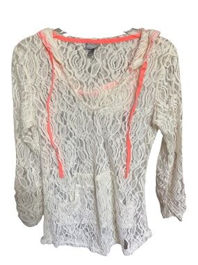 Vanity cream Lace Hooded Tunic with Neon Pink Drawstrings- NWOT Size M